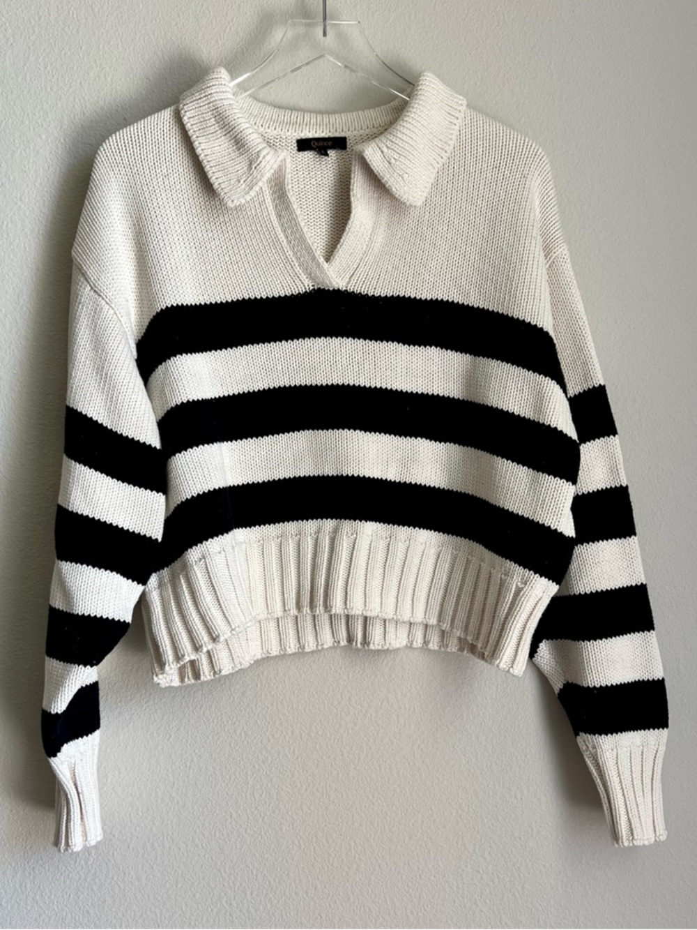 Quince 100% Organic Cropped Cotton Polo Sweater in off white/black stripe